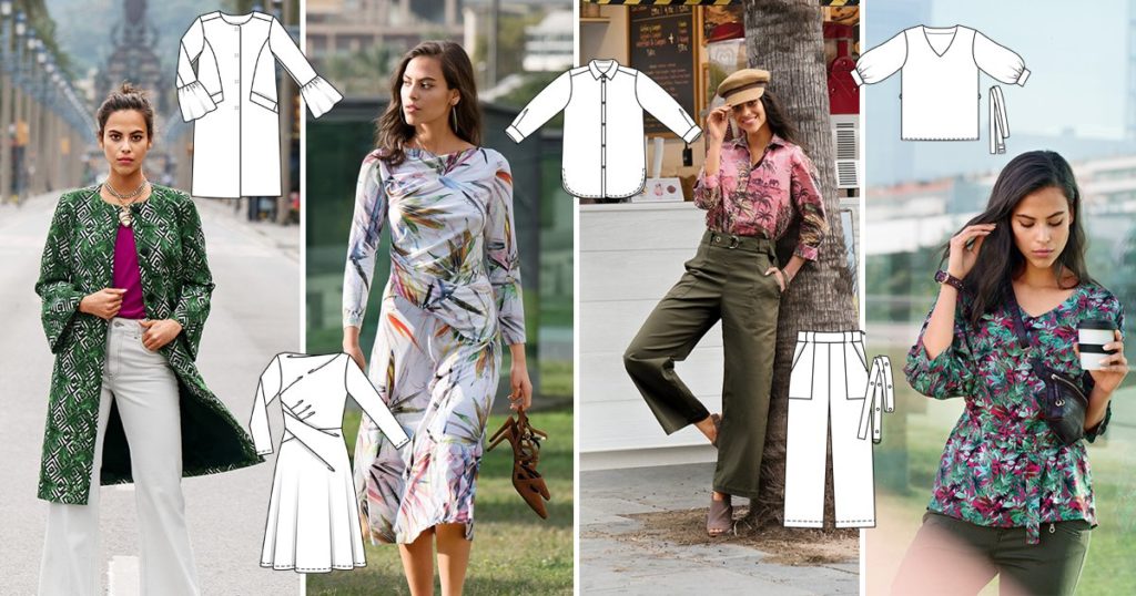 Burda 3/2019 Line drawings - Great tropical themes  for sewing inspiration.