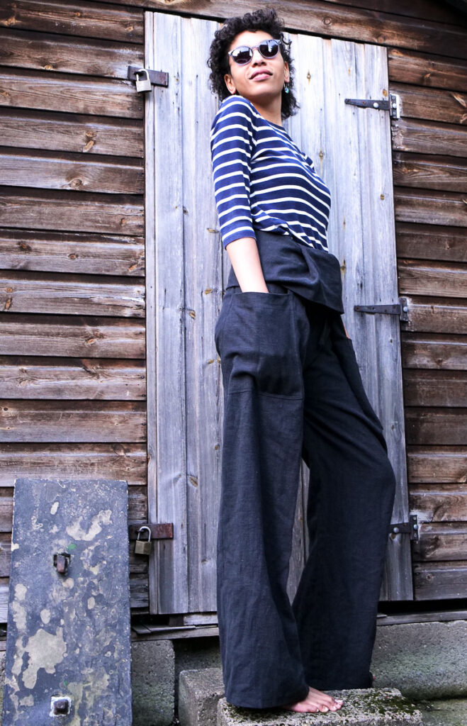 Black stonewashed linen. Sew House Seven The Nehalem Pant Sewing Pattern Review - extra wide linen trousers
