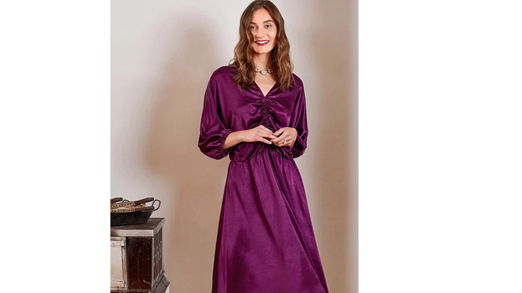 Purple satin dress - Burda 12/2020 Firs Look Line Drawings - saturday night stitch