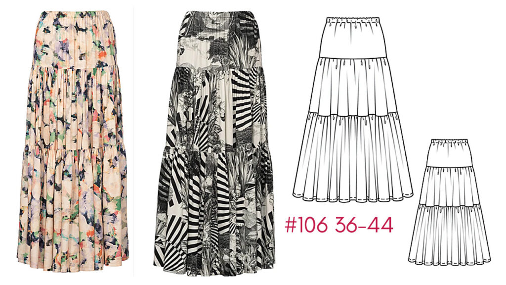 Burda 8/2021 #106 View A & B - one pattern two ways for a boho style tiered maxi skirt sewing pattern.